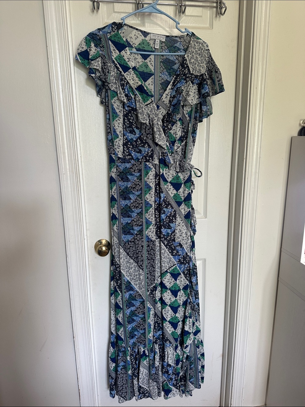 sofia by sofia vergara Blue and Green Patchwork Wrap Maxi Dress